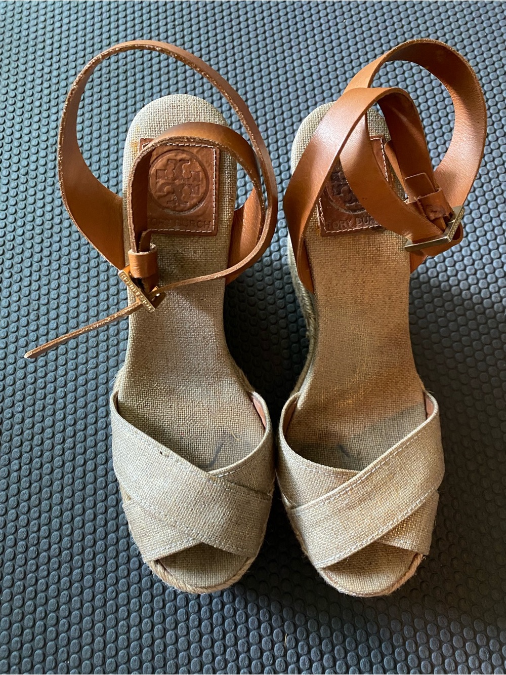 Tory Burch Gold Espadrille Wedge Sandals with Leather Straps